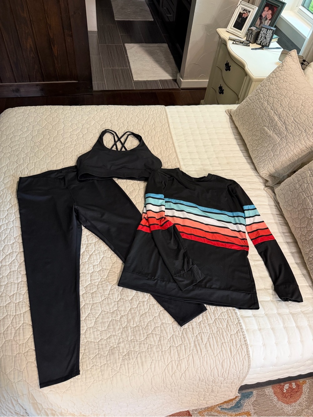 Black Active Set with Striped Pullover and Crisscross Sports Bra